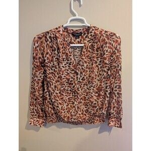 Liverpool Watercolor Cheetah Print Smocked Bottom Sheer Sleeves Relaxed Top
